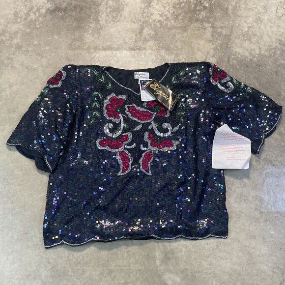 Elegance by Anujan Top Womens XL Black Vintage Sparkly Formal Silk Sequin - Picture 1 of 10